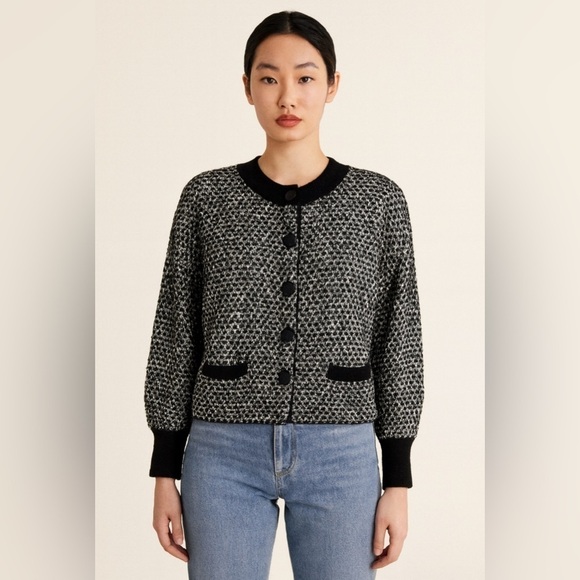 Diktons Sweaters - Merino Wool Cotton Sz 6 Small Cardigan Sweater Black & White Chunky Quiet Luxury